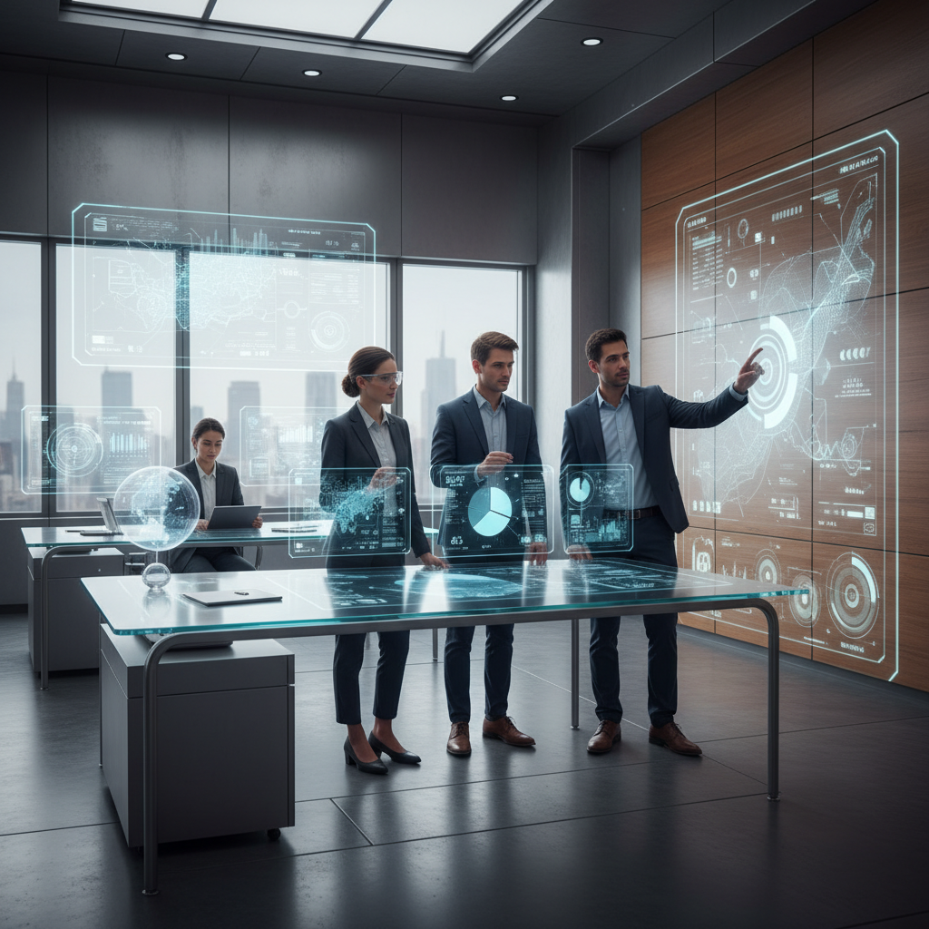 "A futuristic sales team using AI-powered tools, digital screens, and holographic displays, in a sleek office environment"