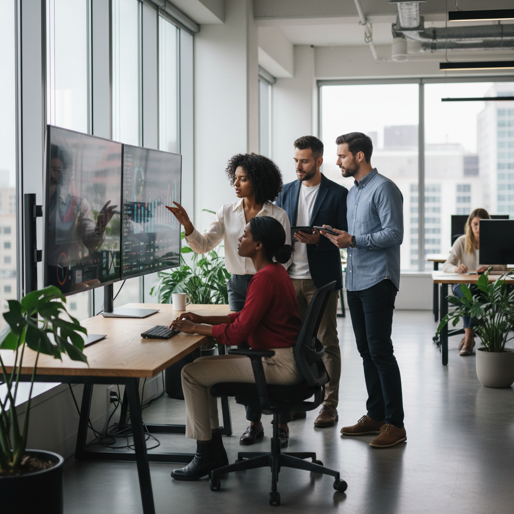 cultura de inovação — A modern office with people analyzing dashboards, soft natural lighting, professional photography style
