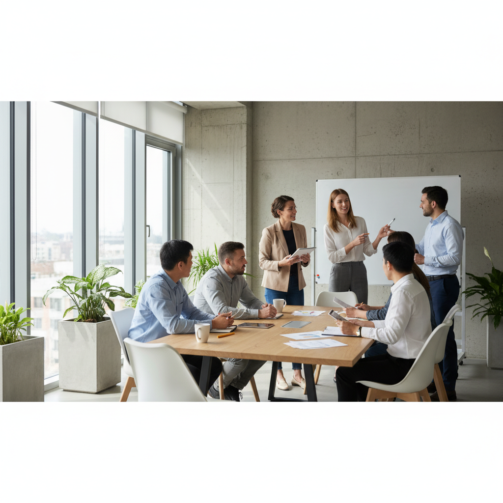 A diverse team of professionals brainstorming in a modern conference room, bright and airy atmosphere