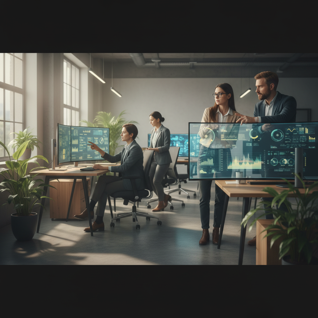ciência de dados — A modern office with people analyzing dashboards, soft natural lighting, professional photography style