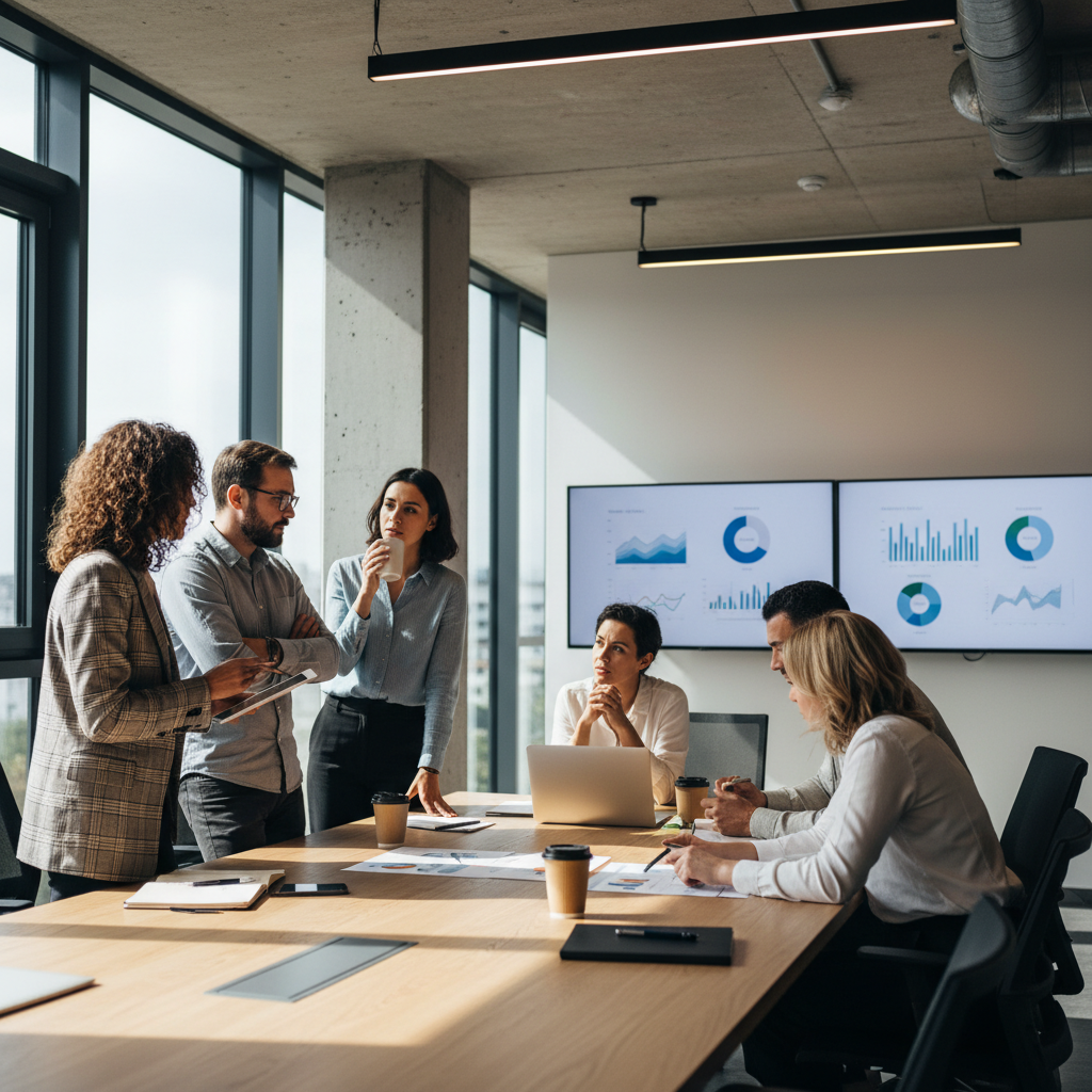 A team of professionals in a conference room discussing data insights, modern office setting, collaborative environment