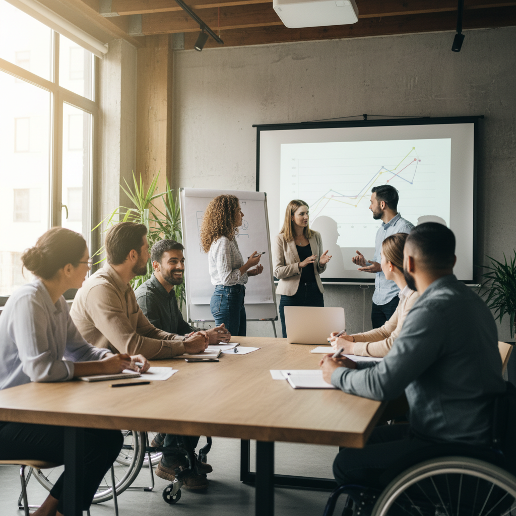 A diverse team of professionals in a training session, bright room with a projector, collaborative atmosphere