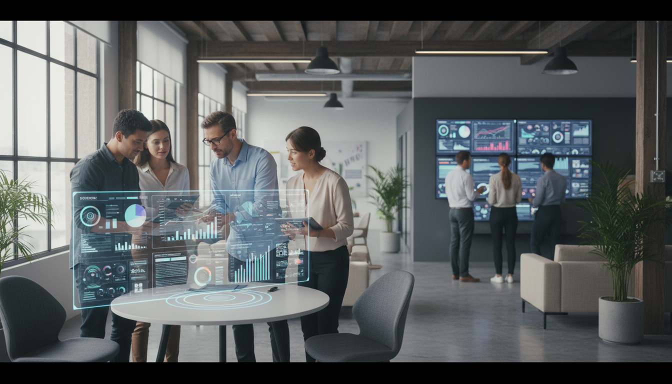 design de sites — A modern office with people analyzing dashboards, soft natural lighting, professional photography style