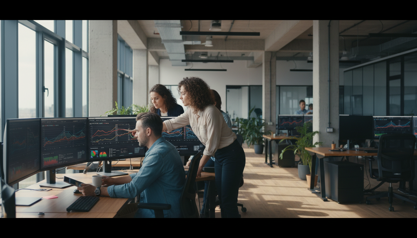 converter seguidores — A modern office with people analyzing dashboards, soft natural lighting, professional photography style