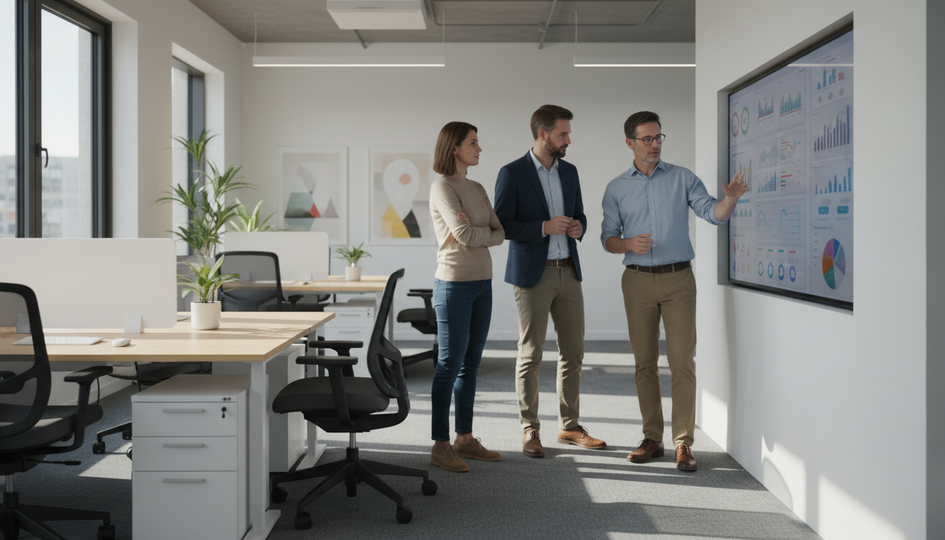 calendário de conteúdo — A modern office with people analyzing dashboards, soft natural lighting, professional photography style