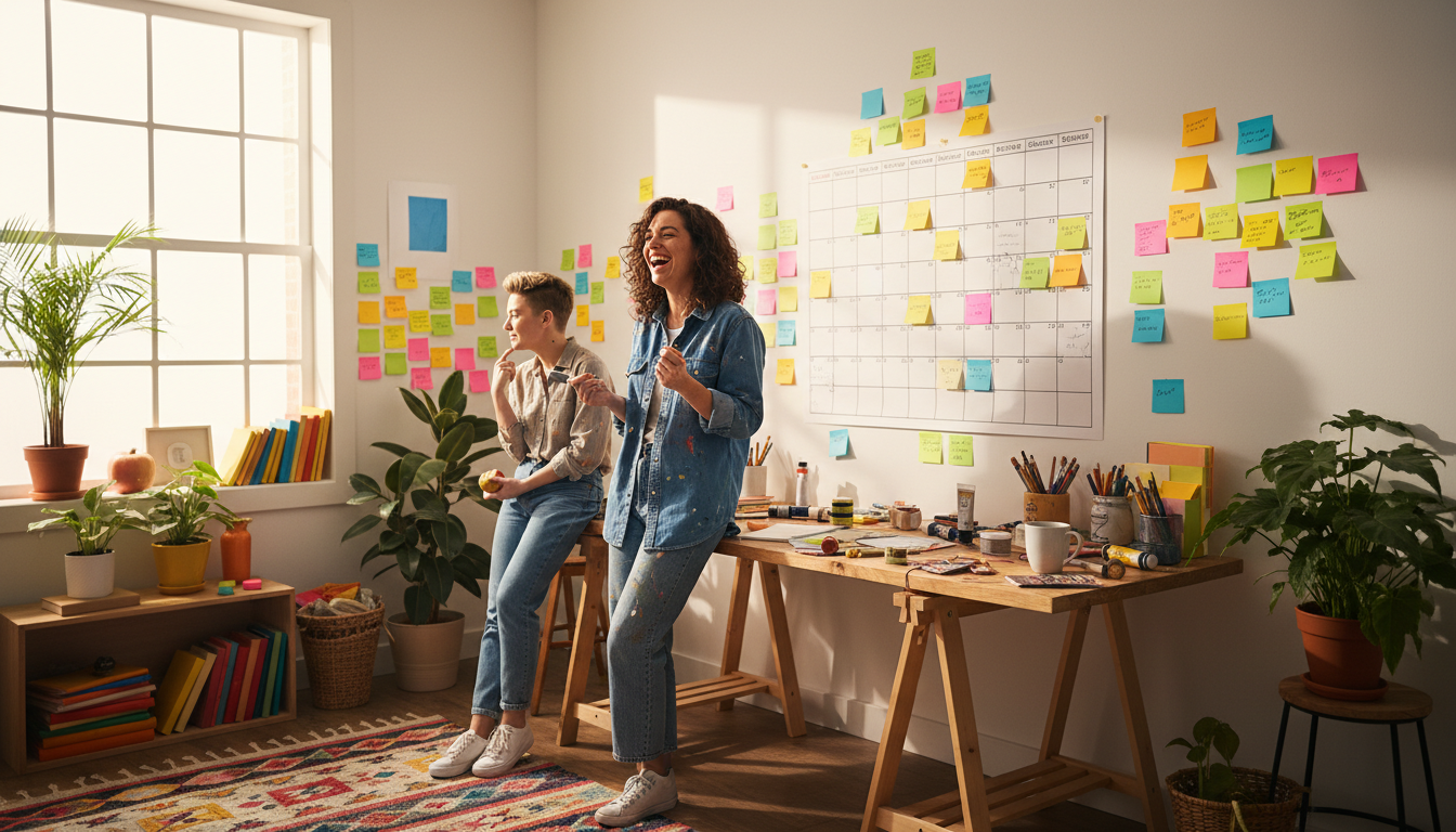 A creative workspace with sticky notes and a large calendar on the wall, bright colors and energetic vibe