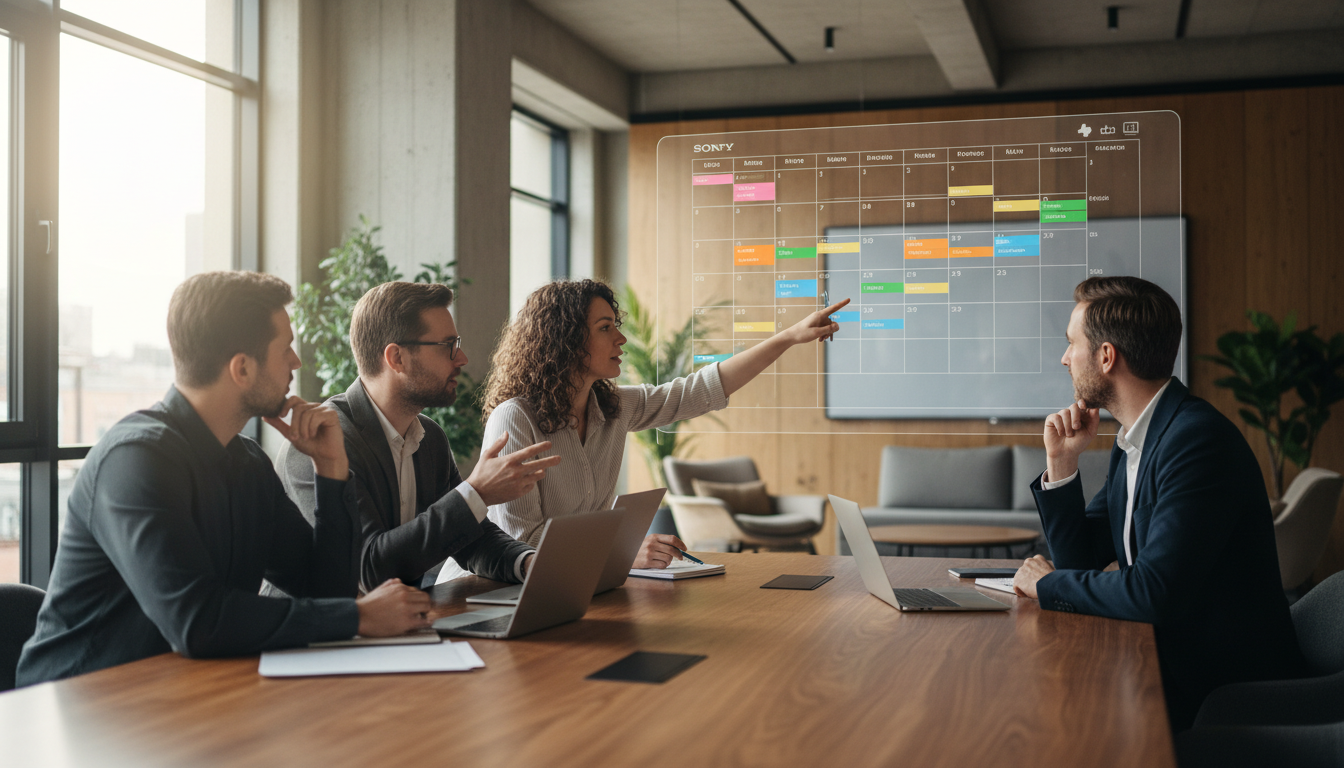 A team collaborating in a modern office space with laptops, discussing a large digital calendar displayed on a screen