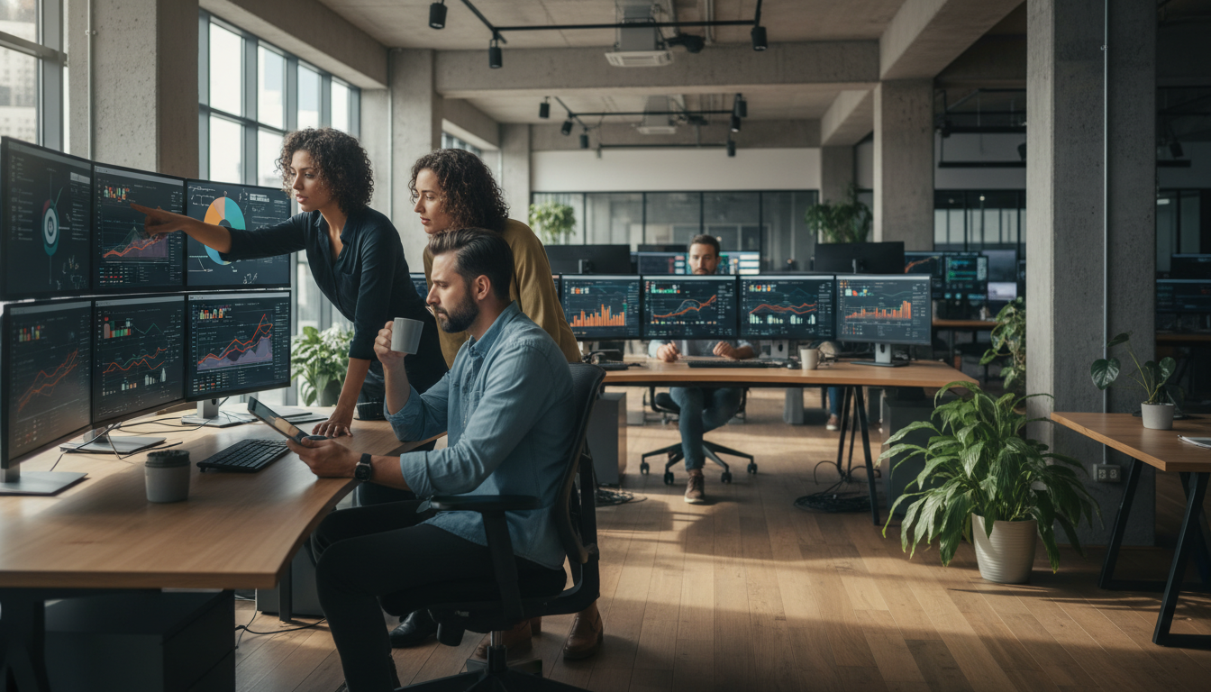 micro-momentos — A modern office with people analyzing dashboards, soft natural lighting, professional photography style
