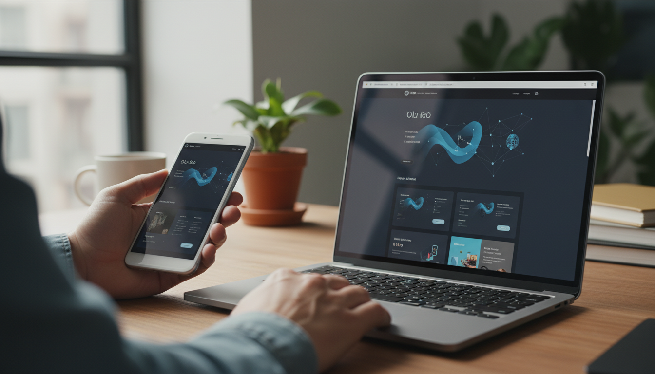 A sleek, modern website interface displayed on a smartphone and a laptop side by side