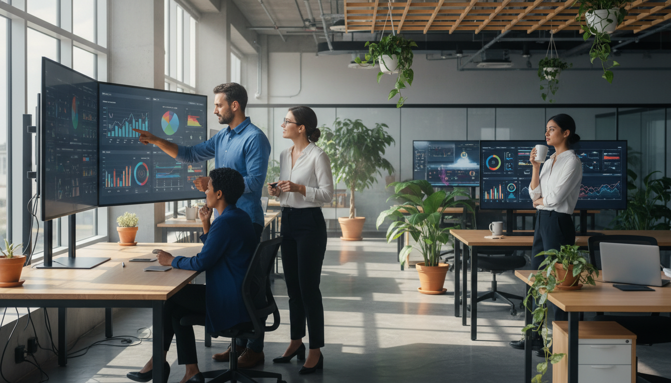 análise de comportamento — A modern office with people analyzing dashboards, soft natural lighting, professional photography style