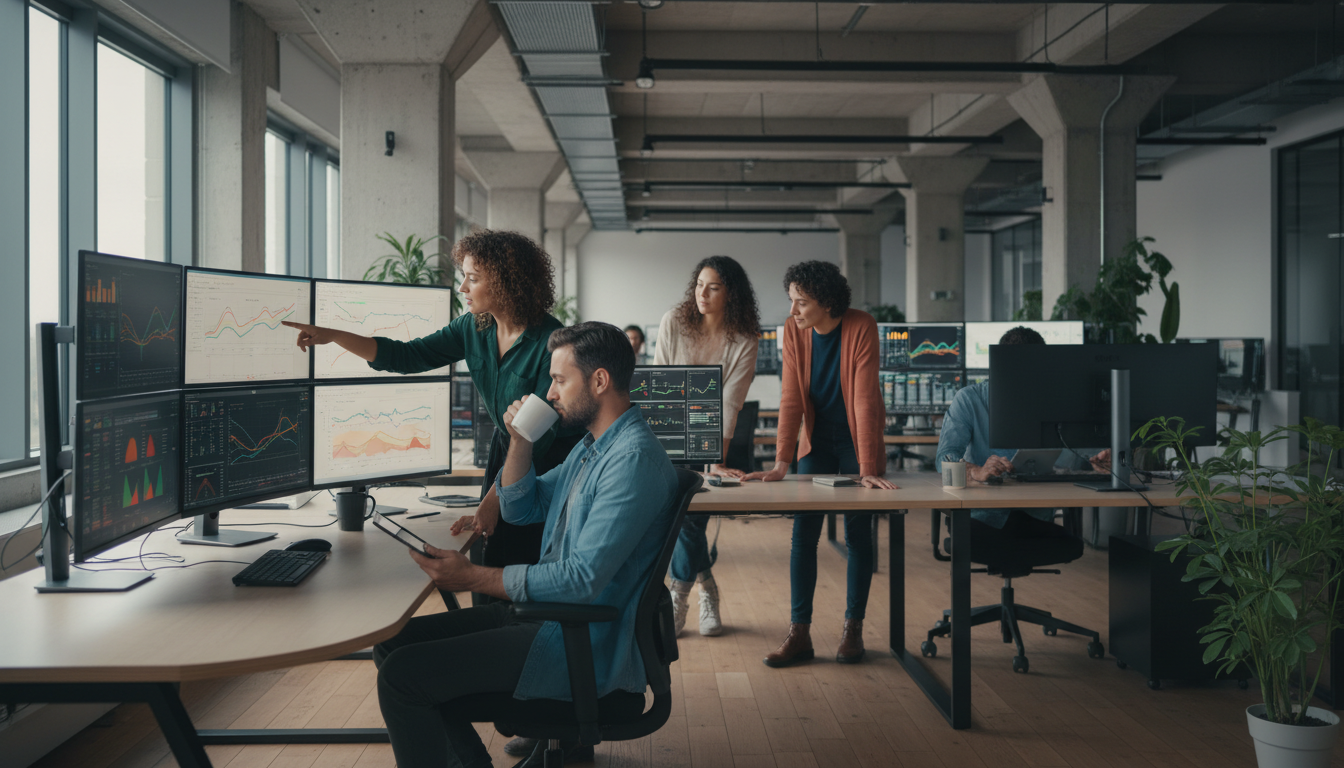 funil de vendas — A modern office with people analyzing dashboards, soft natural lighting, professional photography style