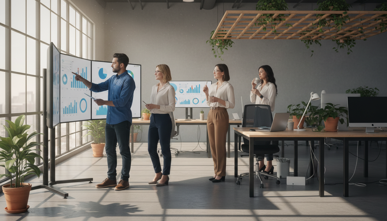 criação de sites — A modern office with people analyzing dashboards, soft natural lighting, professional photography style