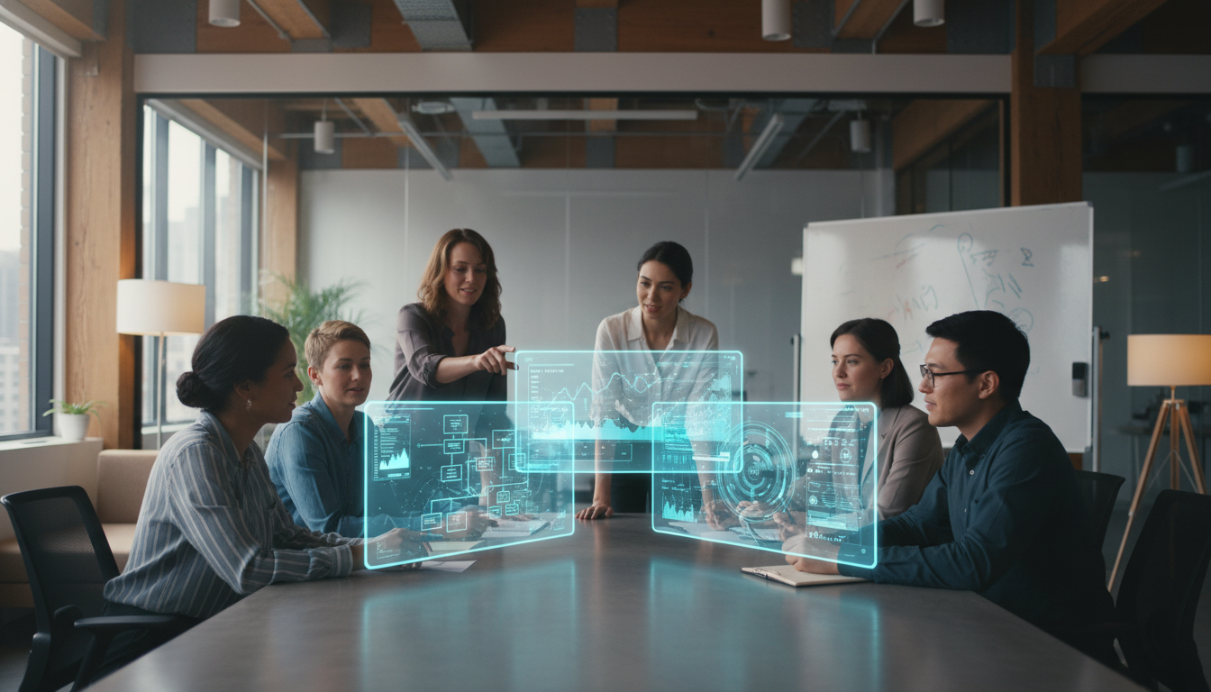 estratégias de conteúdo com IA — A team of diverse people in a modern office setting, discussing content strategies with futuristic AI holograms, professional lighting