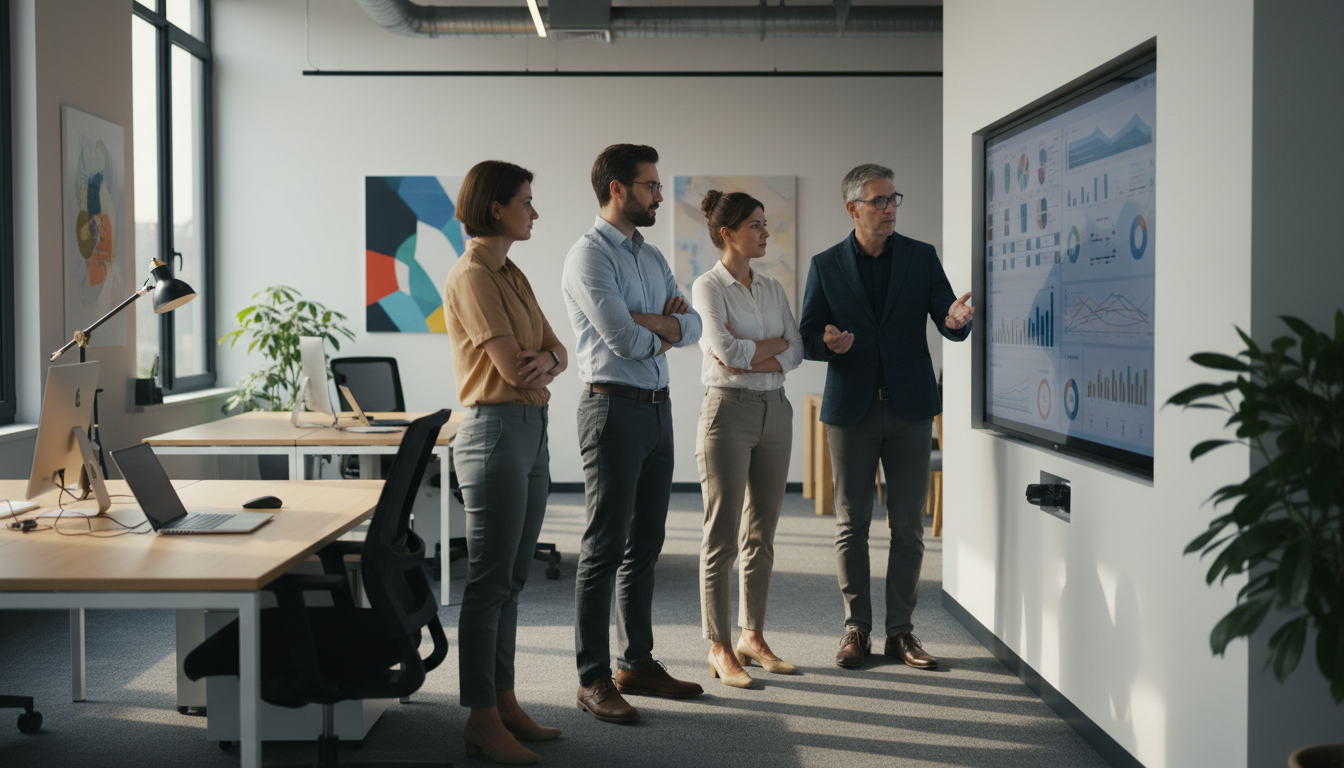 conteúdo que converte — A modern office with people analyzing dashboards, soft natural lighting, professional photography style