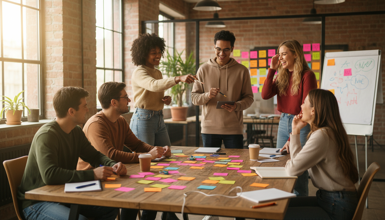 Vibrant social media team brainstorming, diverse group, colorful post-it notes, creative office space