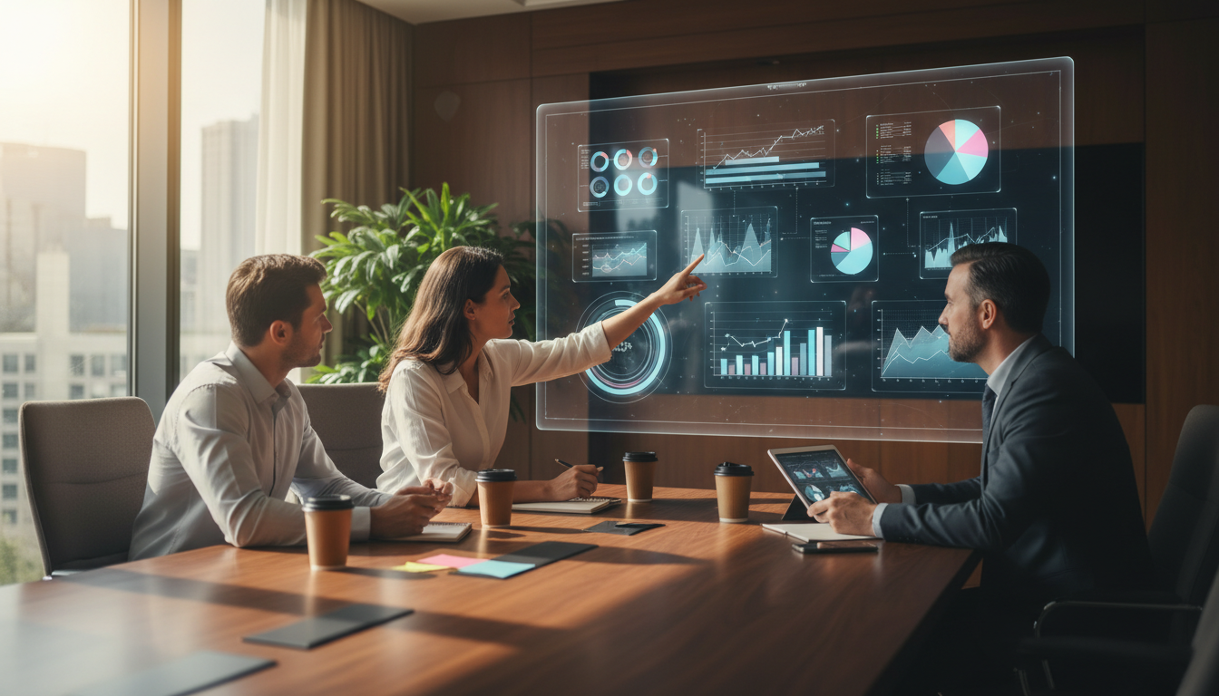 Business meeting with graphs and data charts displayed, modern conference room, collaborative environment