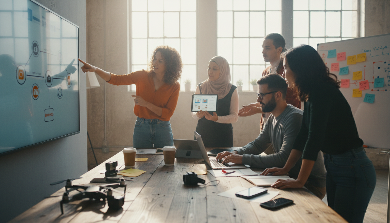 conteúdos que viralizam — A group of diverse people collaborating on social media content strategy, bright and vibrant setting, modern digital tools in use