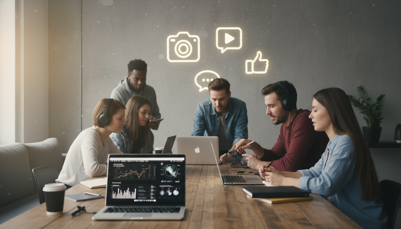 A creative workspace with digital tools and social media icons, energetic and collaborative atmosphere