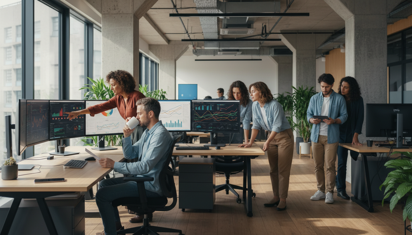 integração de ferramentas — A modern office with people analyzing dashboards, soft natural lighting, professional photography style