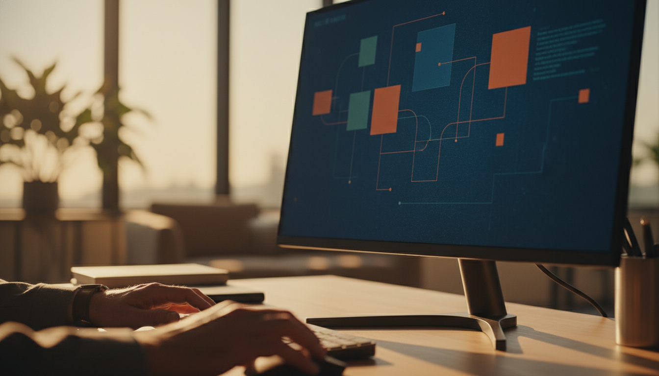 automação de marketing — A modern office with people analyzing dashboards, soft natural lighting, professional photography style