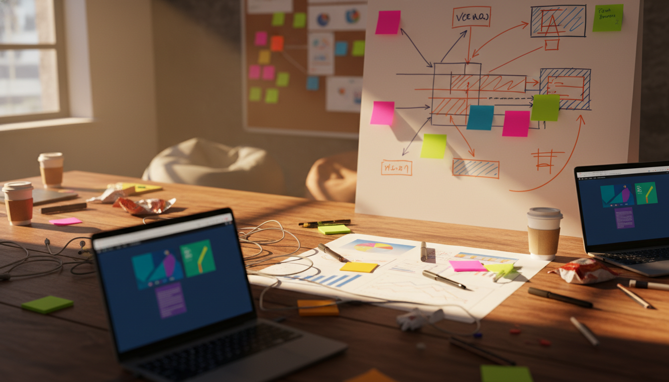 A team of marketers working together on a project, vibrant colors, collaborative atmosphere