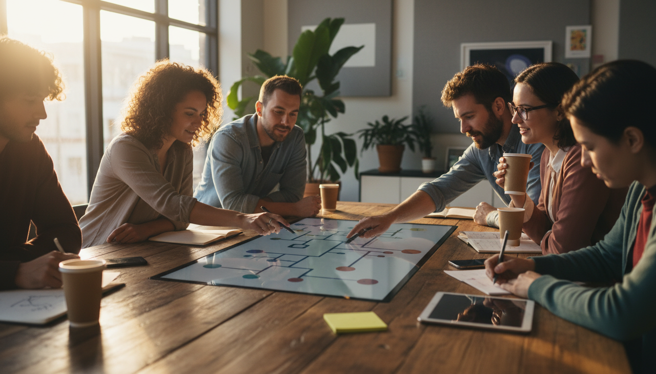 jornada do cliente — A digital workspace with diverse team members brainstorming customer journey strategies, modern office setting, bright lighting