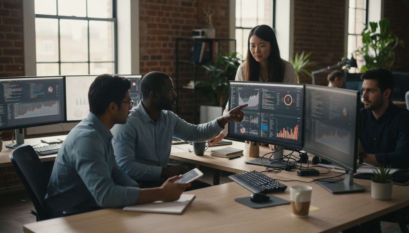 Team analyzing customer data on multiple screens in a tech-savvy office, collaborative environment