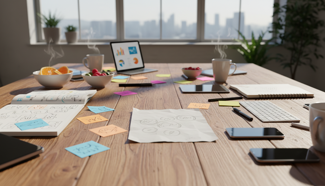 A creative workspace with social media managers brainstorming, bright and inspirational atmosphere