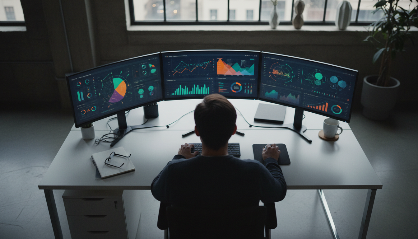 estratégias sustentáveis — A modern office with people analyzing dashboards, soft natural lighting, professional photography style