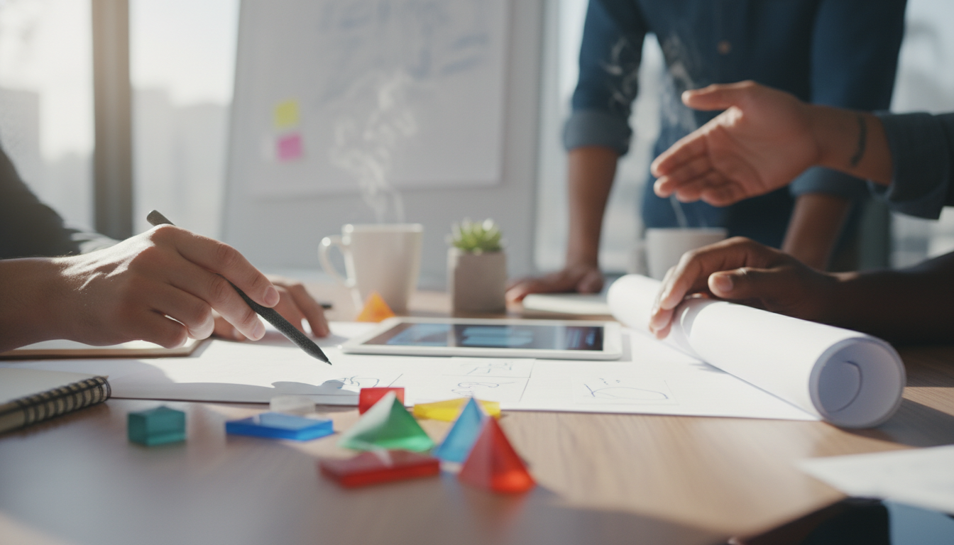 People in a meeting room discussing strategies, diverse team, bright office environment