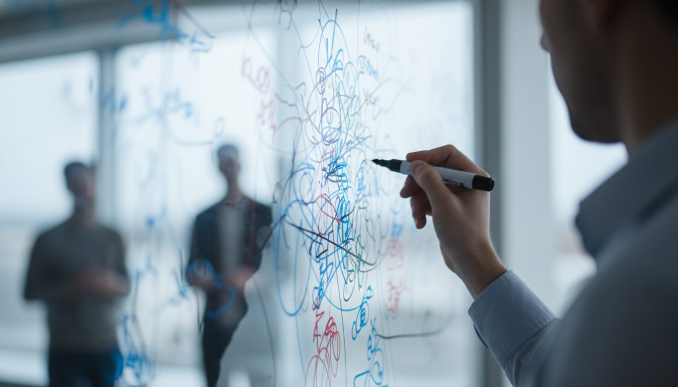Diverse team brainstorming ideas on a whiteboard in a bright, modern office