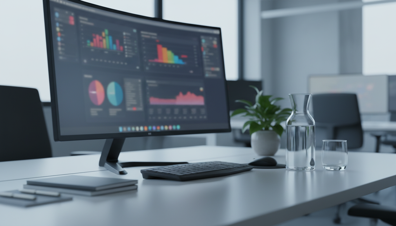 usabilidade de sites — A modern office with people analyzing dashboards, soft natural lighting, professional photography style