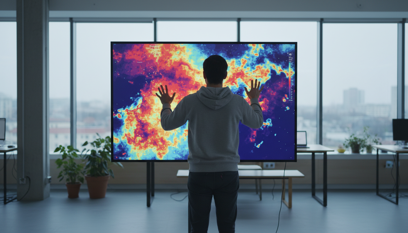 A close-up of a user interacting with a touchscreen displaying a heatmap analysis, bright and modern design