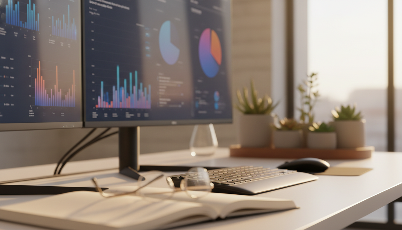 otimização de velocidade — A modern office with people analyzing dashboards, soft natural lighting, professional photography style