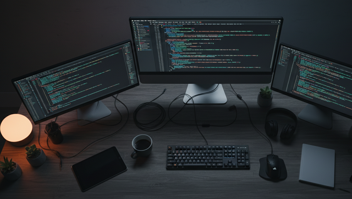 A team of developers working on website optimization, multiple computer screens displaying code, modern workspace environment