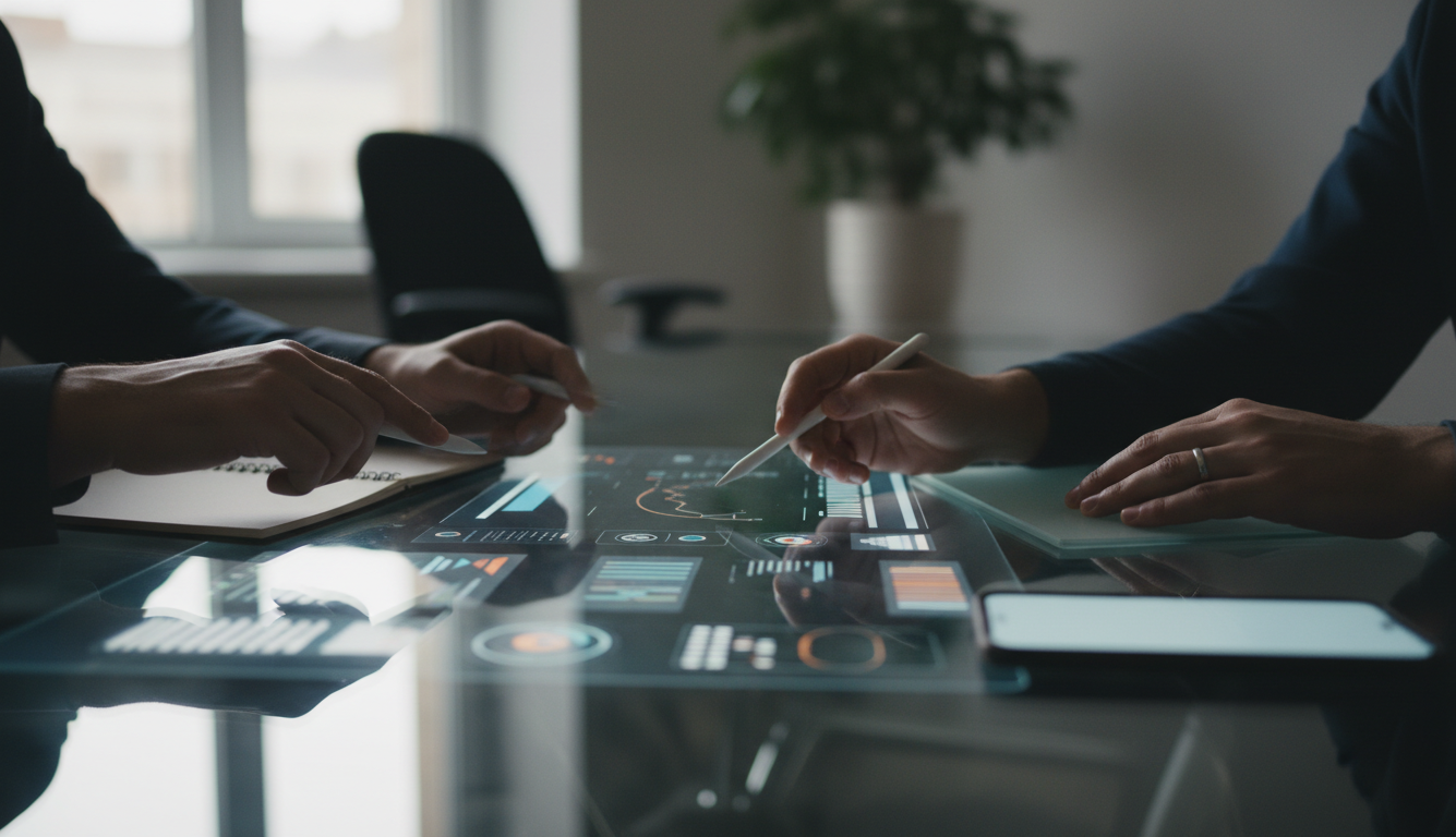 parcerias estratégicas — A modern office with people analyzing dashboards, soft natural lighting, professional photography style