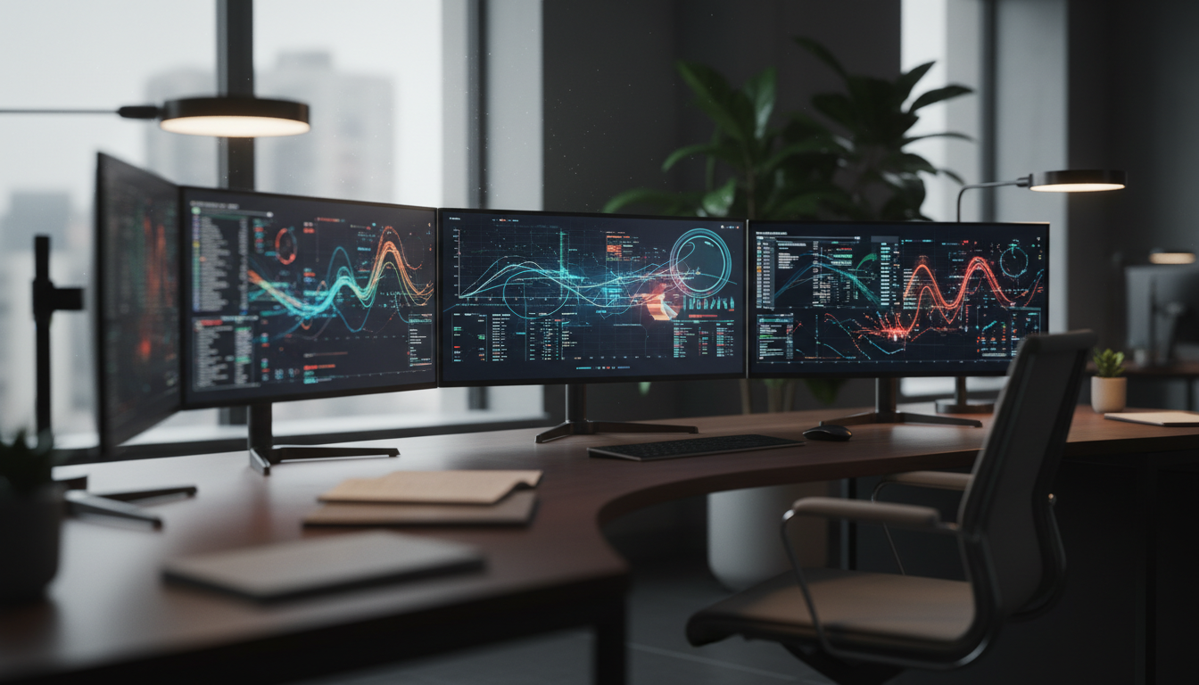 sites que convertem — A modern office with people analyzing dashboards, soft natural lighting, professional photography style