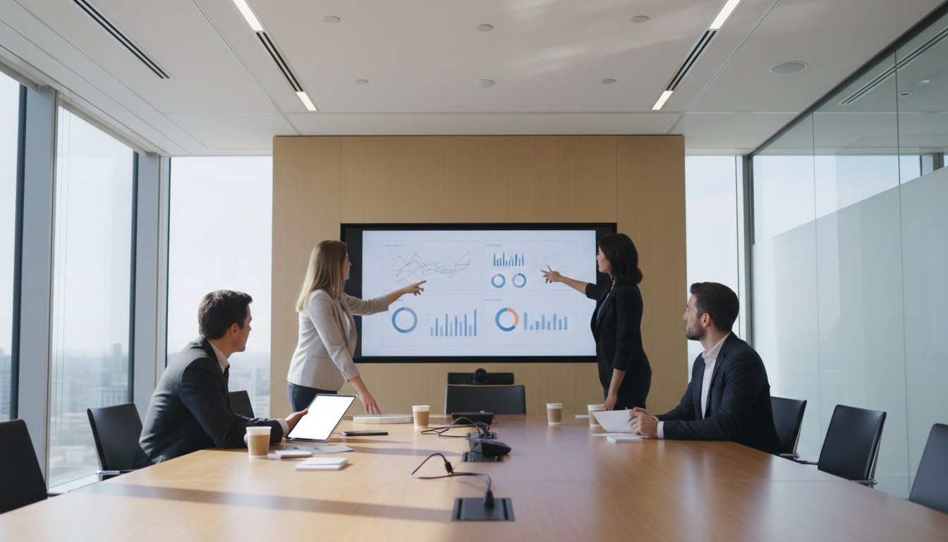 A team of professionals brainstorming in a modern conference room, with digital screens displaying data charts
