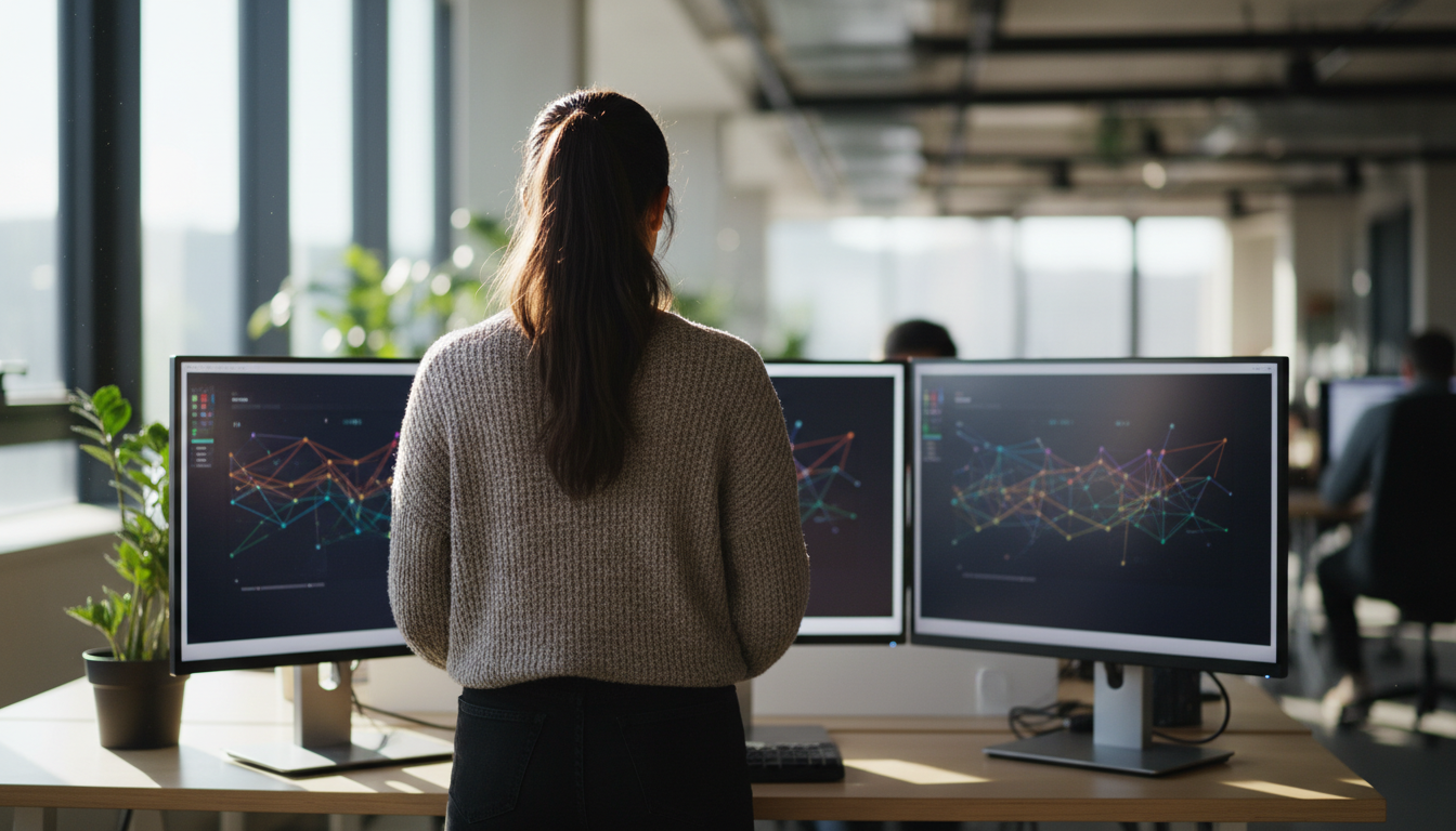 AI em marketing — A modern office with people analyzing dashboards, soft natural lighting, professional photography style