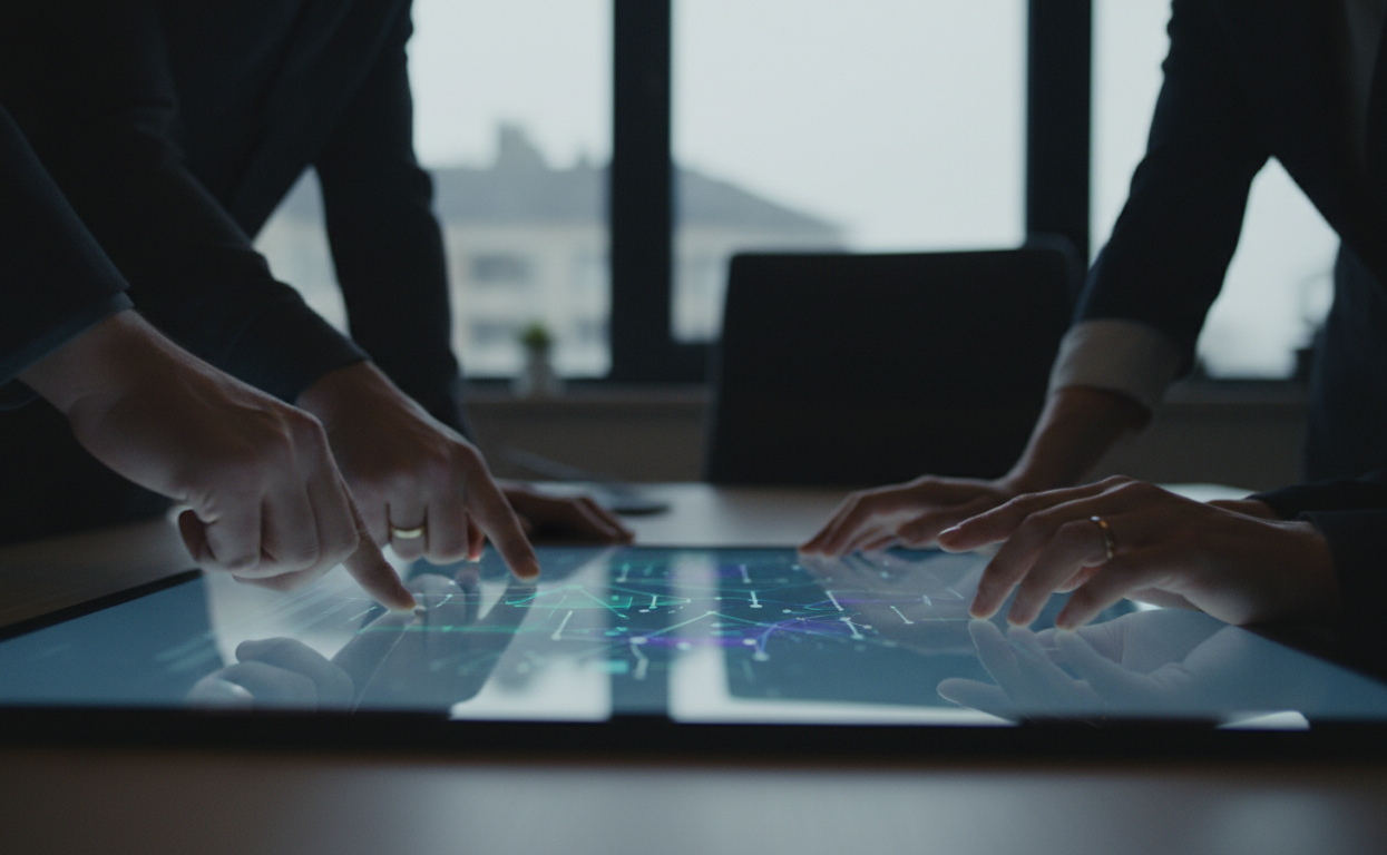 A team of diverse professionals collaborating over a large screen with AI analytics, office setting, daylight