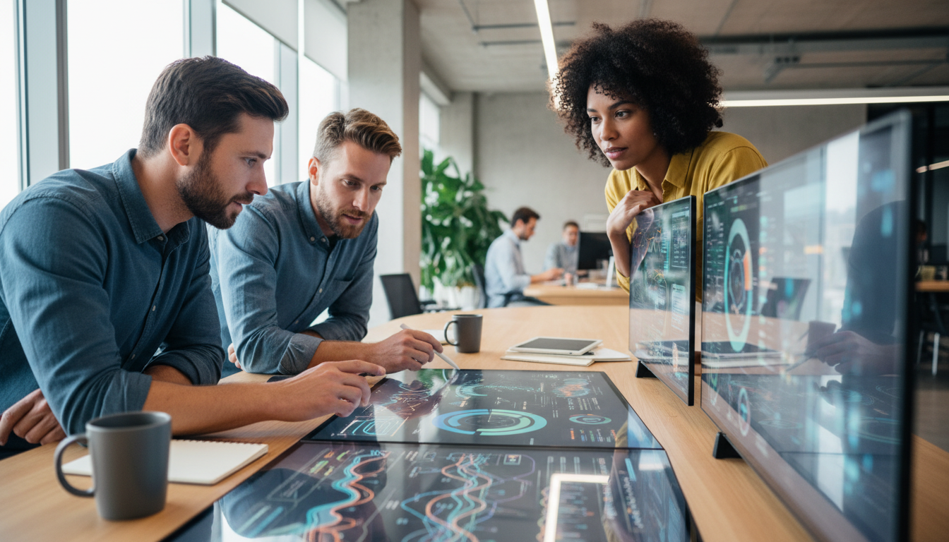 dados de usuário — A modern office with people analyzing dashboards, soft natural lighting, professional photography style