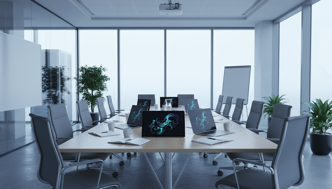 A team of diverse professionals discussing user data in a bright, modern conference room