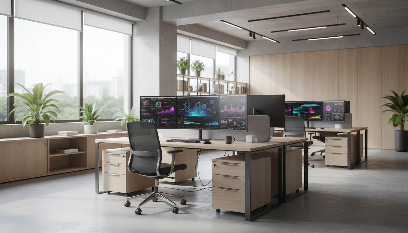 realidade aumentada — A modern office with people analyzing dashboards, soft natural lighting, professional photography style