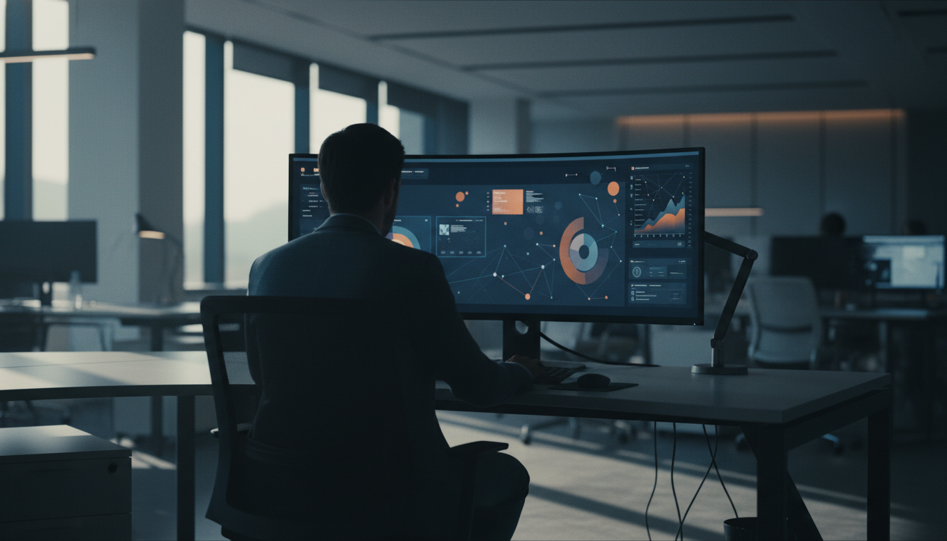 microinteração — A modern office with people analyzing dashboards, soft natural lighting, professional photography style