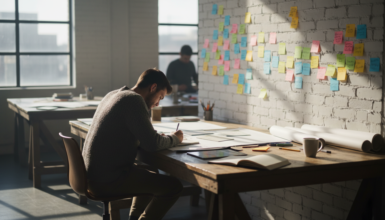 A creative workspace with designers brainstorming and sketching ideas, colorful sticky notes, bright lighting