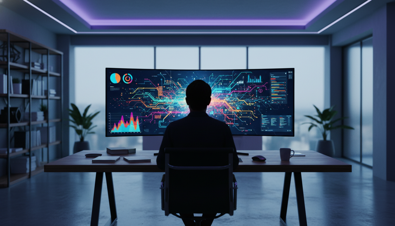 A creative workspace with colorful charts on a digital screen, ambient lighting, contemporary style