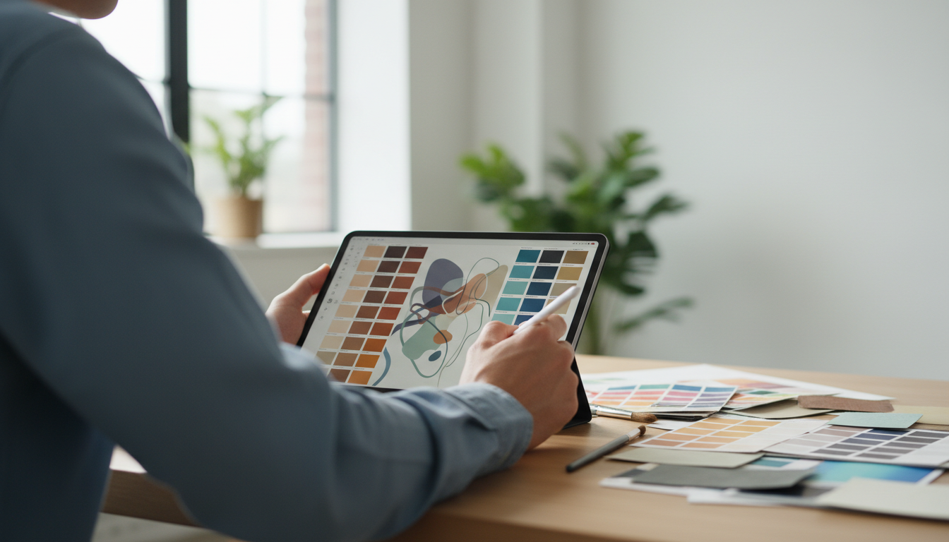 A designer working on a tablet with color swatches, bright natural light, modern design