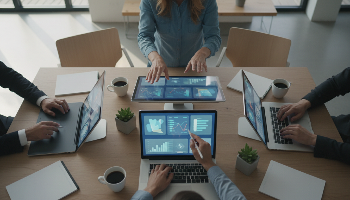 sites que encantam — A modern office with people analyzing dashboards, soft natural lighting, professional photography style