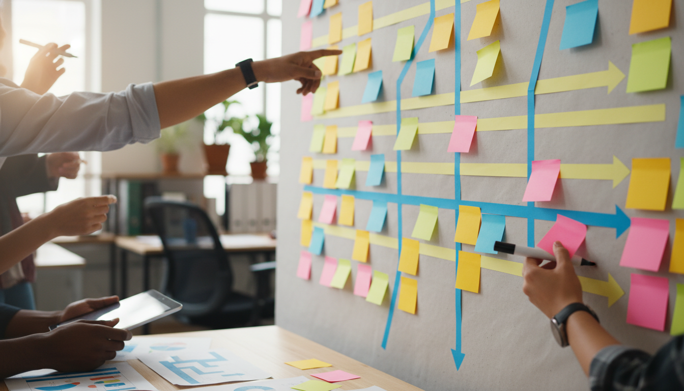 jornada do cliente online — A group of professionals in an office setting analyzing customer journey maps on a wall covered with colorful post-it notes, bright lighting, professional photography style