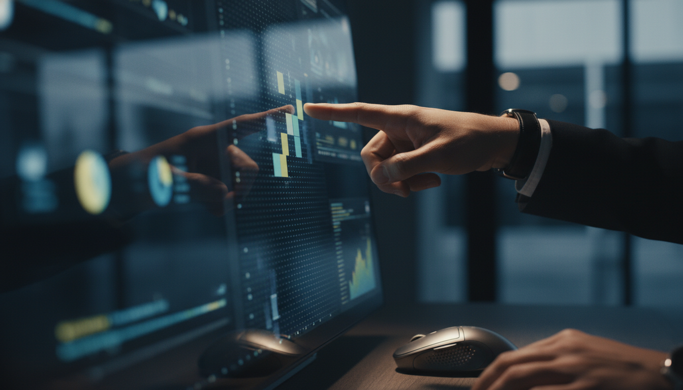 A close-up of a computer screen displaying analytics data charts, with a person pointing at specific metrics, modern tech office atmosphere